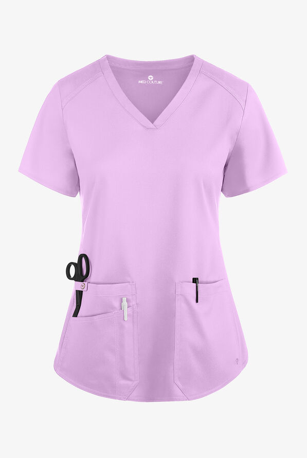 Blusa m&eacute;dica Med Couture Touch STRETCH con cuello en V, paneles laterales acanalados, fald&oacute;n camisero y 3 bolsillos para mujer - Lilac - 1