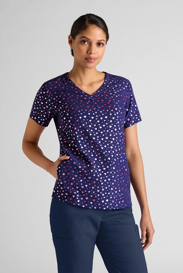 Easy STRETCH Shining Hearts Navy Women's 2-Pocket Tuck In  V-Neck Print Scrub Top - null - 5