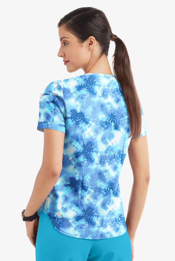 Easy STRETCH Tie-Dye Cerulean Women's 2-Pocket Tuck-In V-Neck Print Scrub Top - null - 3