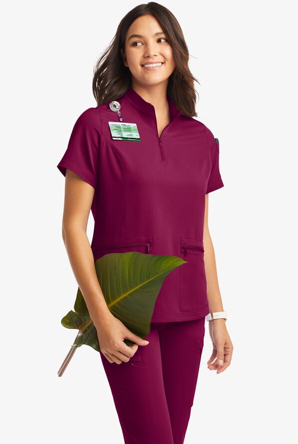 Butter-Soft Women's 5-Pocket Zipper Neck Short Sleeve Scrub Top **Slightly IRREGULAR** - Wine - 2