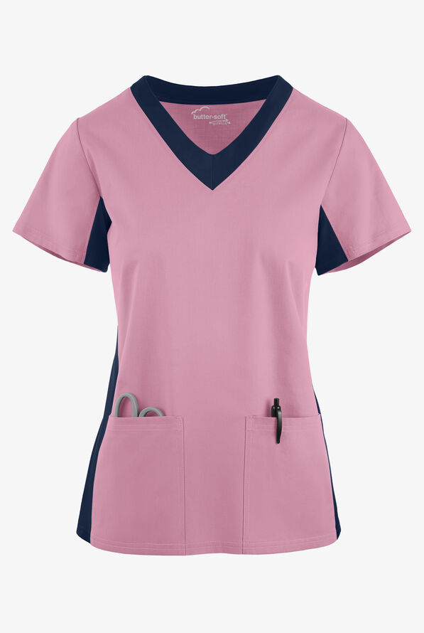 Butter-Soft STRETCH Women's 3-Pocket Contrast Scrub Top - Cherry Blossom/Navy - 1