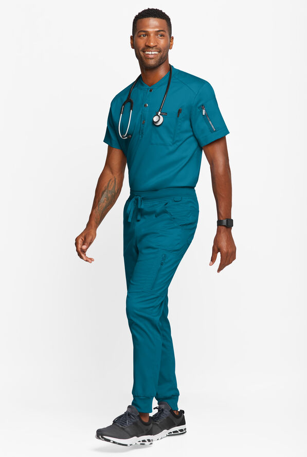 Advantage STRETCH Men's 2-Pocket Short Sleeve Henley Scrub Top - Caribbean Blue - 4