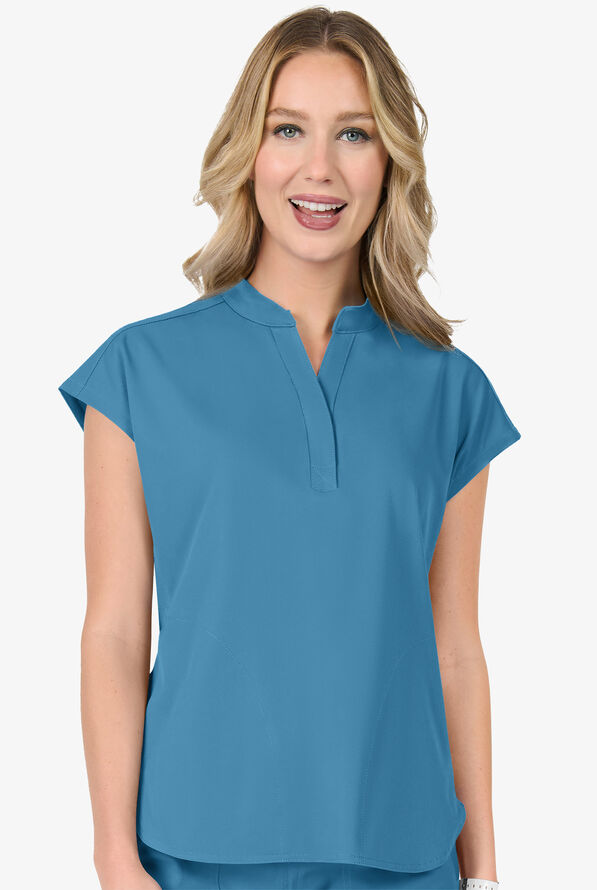 Zavate Ava Therese Piper Women's 2-Pocket STRETCH Dolman Sleeve Mandarin Collar Scrub Top - Blue Shadow - 2