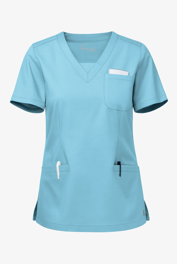 Butter-Soft STRETCH Women's 3-Pocket Welt V-Neck Scrub Top - Poolside View - 1