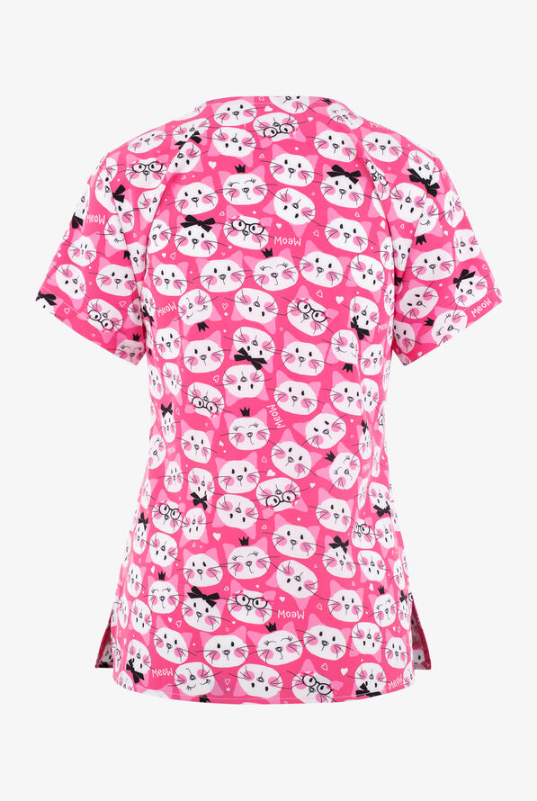 White Cross Cat Pack Women's 2-Pocket STRETCH V-Neck Print Scrub Top - null - 2
