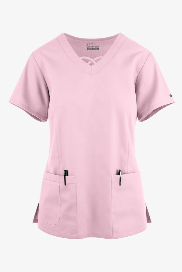 Butter-Soft Originals Women's 3-Pocket Crisscross V-Neck Scrub Top - Rose Quartz - 1