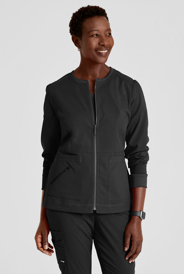 Grey's Anatomy by Barco Spandex STRETCH Millie Women's 3-Pocket Zip Front Warm Up Scrub Jacket - Black - 2