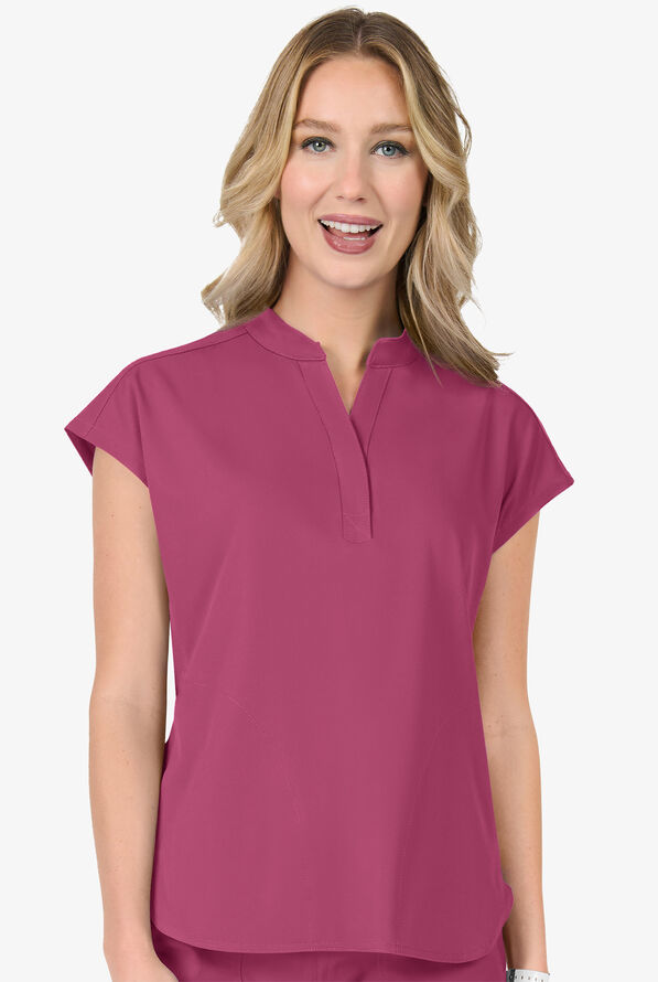 Zavate Ava Therese Piper Women's 2-Pocket STRETCH Dolman Sleeve Mandarin Collar Scrub Top - Deep Rose - 2