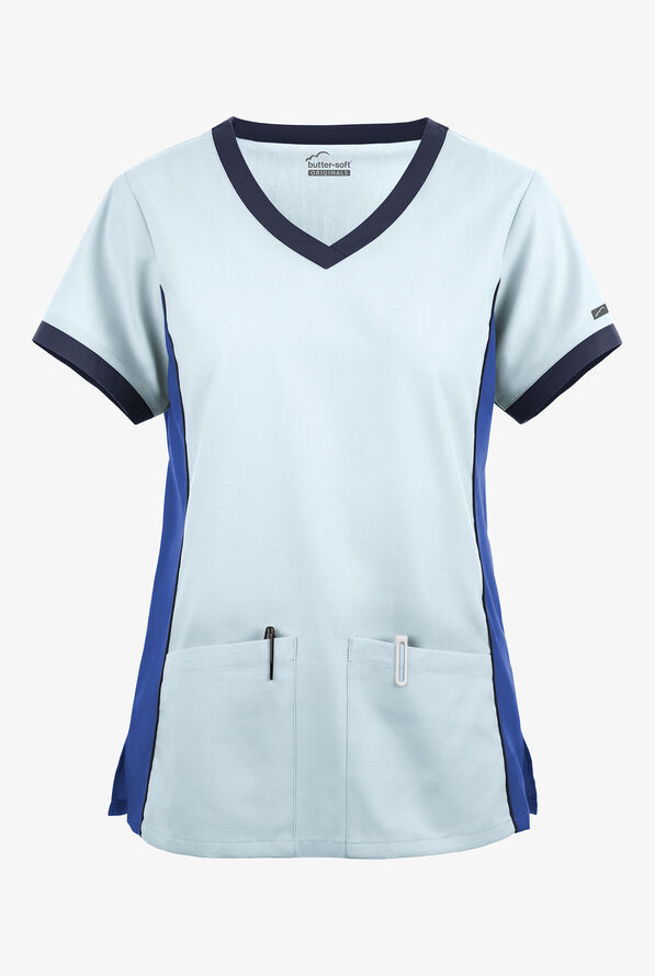 Blusa médica Butter-Soft Originals Tri-Colorblock con cuello en V y 4 bolsillos para mujer - Morning Dew/Galaxy/Navy - 1