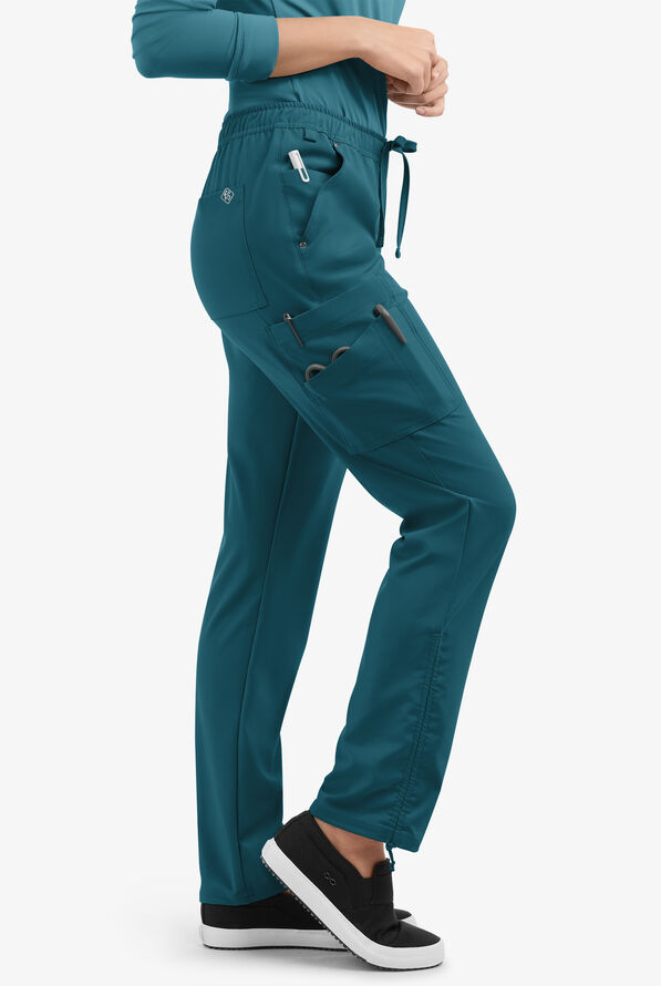 Easy STRETCH Halle Women's 11-Pocket Ruched Leg Jogger Scrub Pants - Petite - Caribbean Blue - 2