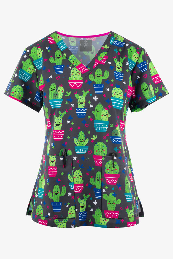 Med Couture Cactus Whimsical Women's 2-Pocket STRETCH V-Neck Print Scrub Top - null - 1