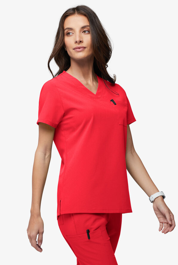 Easy Stretch EcoGrid Ariel Women's 1-Pocket Tuck In/Wear Out Scrub Top - Atomic Red - 3