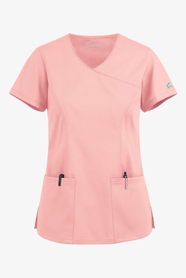 Butter-Soft STRETCH Women's 3-Pocket V-Neck Mock Wrap Scrub Top - Rose Water - 1