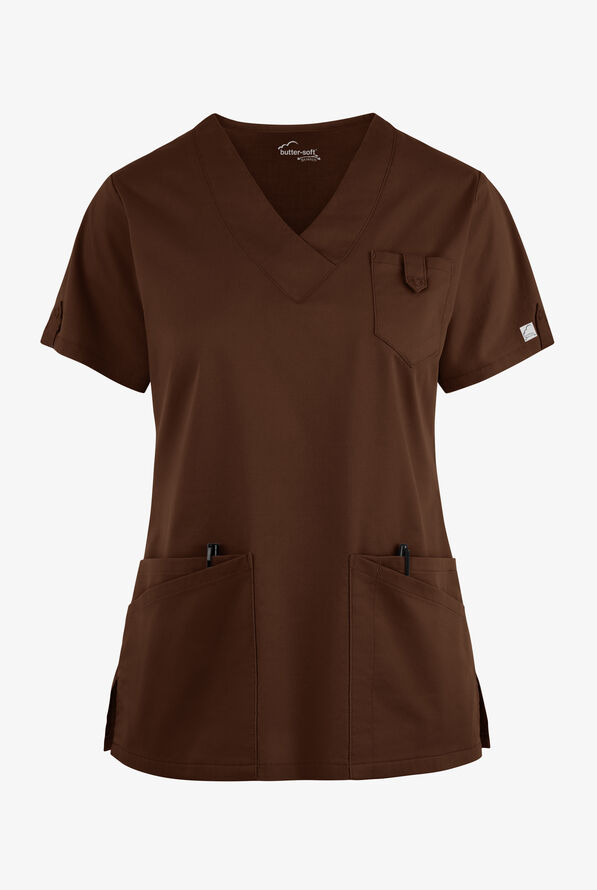 Butter-Soft STRETCH Women's 6-Pocket V-Neck Scrub Top - Coffee Bean - 1