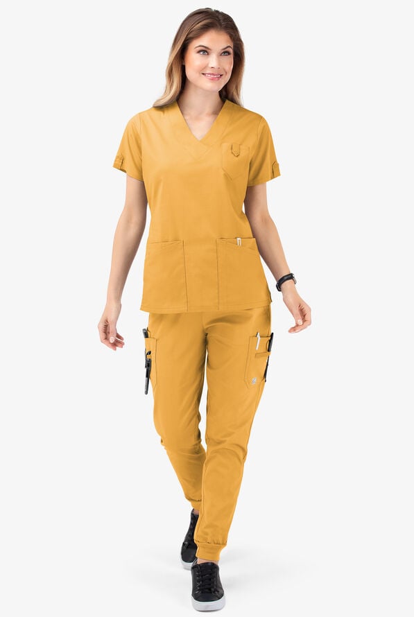 Butter-Soft STRETCH Women's 6-Pocket V-Neck Scrub Top - Apricot Sunset - 2