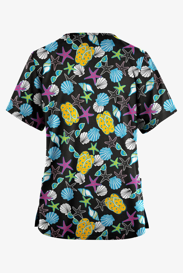 Butter-Soft Originals Walk On The Beach Women's 2-Pocket Classic Fit V-Neck Print Scrub Top - null - 2