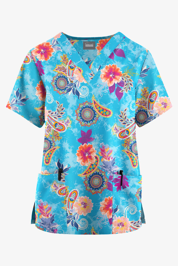 Butter-Soft Originals Turin Paisley Turquoise Women's 2-Pocket Classic Fit V-Neck Print Scrub Top - null - 1