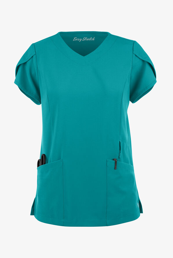 Easy STRETCH Daisy Women's 4-Pocket V-Neck Scrub Top with Petal Sleeves - Teal - 1