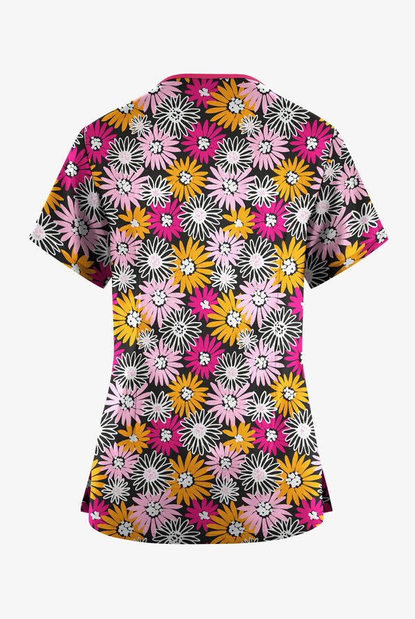 Butter-Soft Originals Pop Of Daisies Women's 3-Pocket Criss Cross Print Scrub Top - null - 2