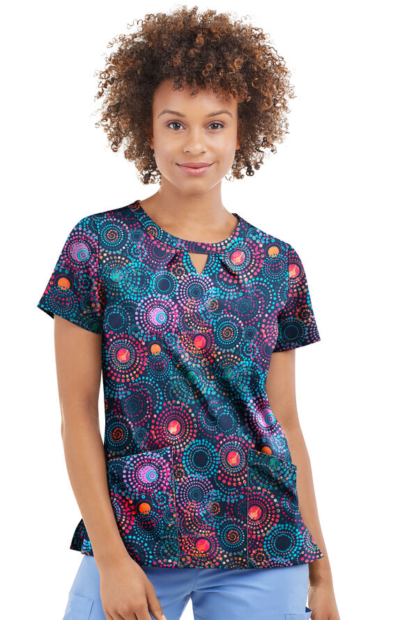 Tafford Active Stretch Pop Circles Navy Women's 2-Pocket Keyhole V Neck Print Scrub Top - null - 1