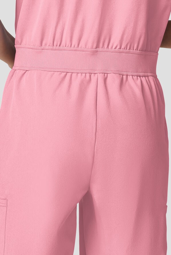 Med Couture Amp Women's 4-Pocket STRETCH Dolman Sleeve Collar Neck Wide Leg Scrub Jumpsuit - Pixel Pink - 5