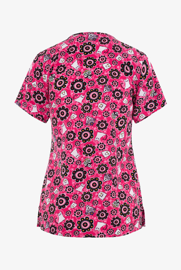 Zoe & Chloe Sugar Boo Ghosts Women's 3-Pocket STRETCH Mock Wrap Print Scrub Top - null - 2
