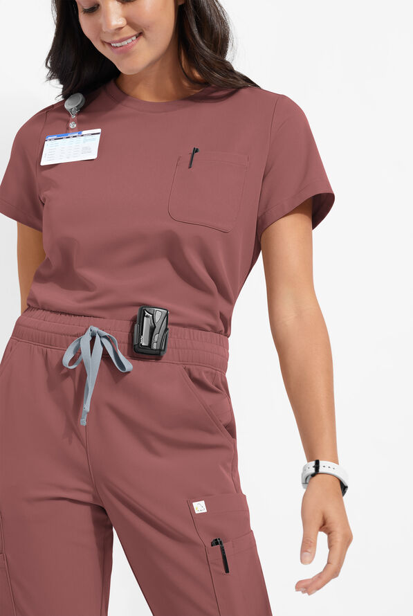 ReSurge Citrine Women's 1-Pocket Crew Neck Tuck In / Wear Out Scrub Top - Soft Chestnut - 1