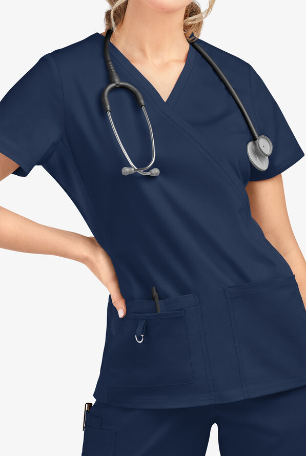 Butter-Soft STRETCH Women's 3-Pocket V-Neck with Side Knit Panels Scrub Top - Navy - 4