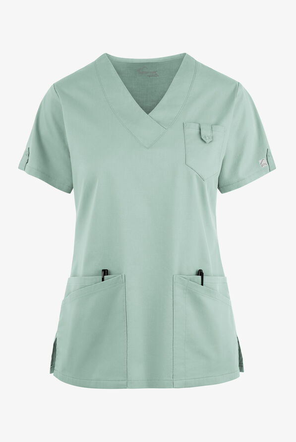 Butter-Soft STRETCH Women's 6-Pocket V-Neck Scrub Top - Eucalyptus Leaf - 1