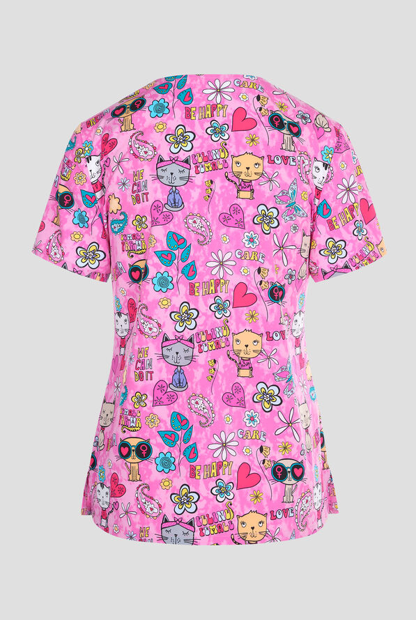 Cherokee Feline Female Women's 2-Pocket STRETCH V-Neck Print Scrub Top - null - 2