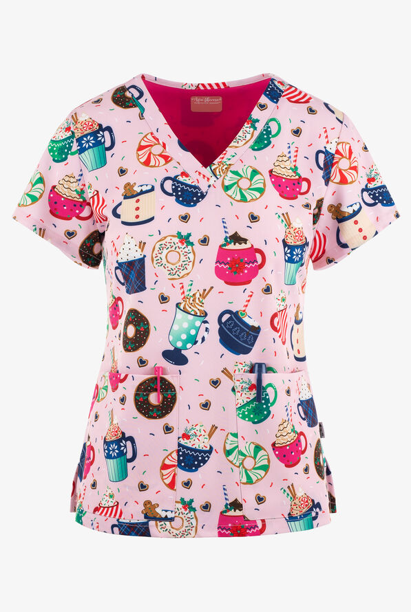 Zavate Ava Therese Mug-nificent Christmas Women's 2-Pocket STRETCH V-Neck Print Scrub Top - null - 1