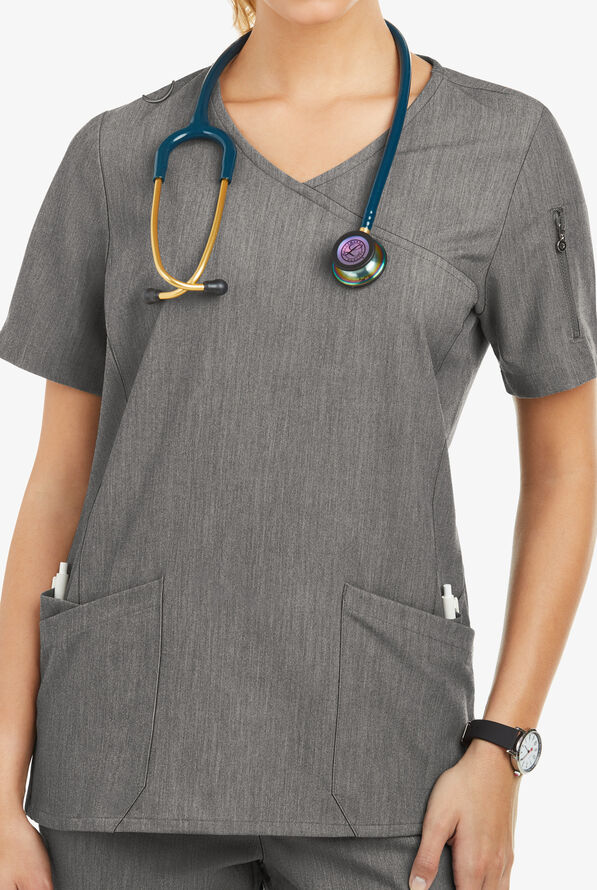Blusa médica MOVEMENT by Butter-Soft Capella estilo cruzado con 5 bolsillos para mujer - Graphite Heather - 3