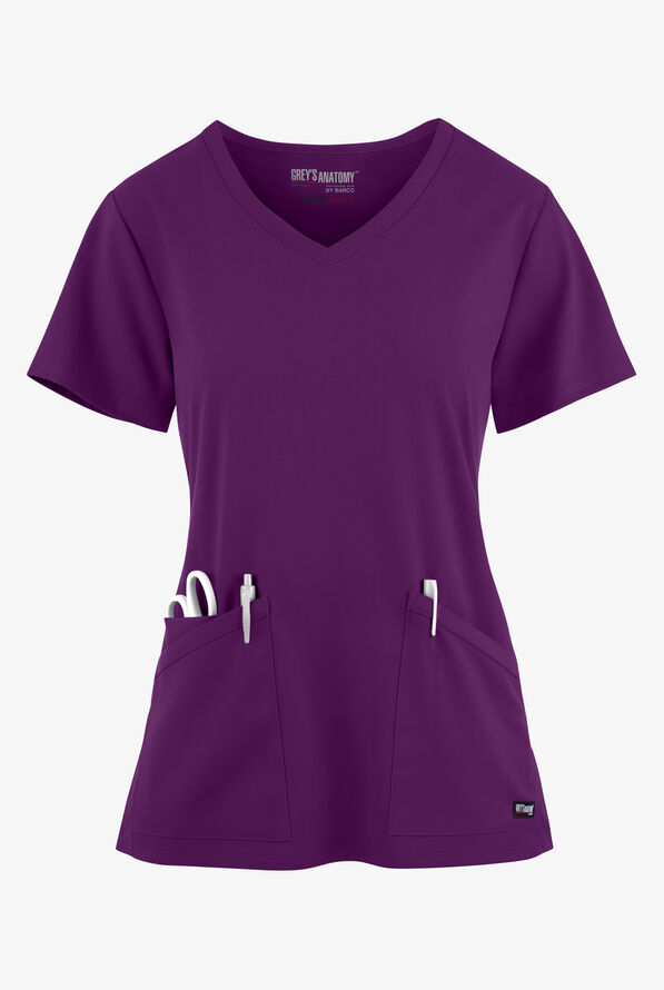 Grey's Anatomy by Barco Spandex STRETCH Serena Women's 3-Pocket V-Neck Scrub Top - Eggplant - 1