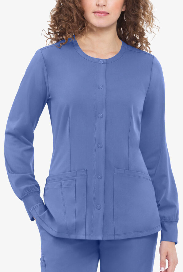 HH Works by Healing Hands Megan Women's 4-Pocket STRETCH Round Neck Warm-Up Scrub Jacket - Ceil Blue - 3