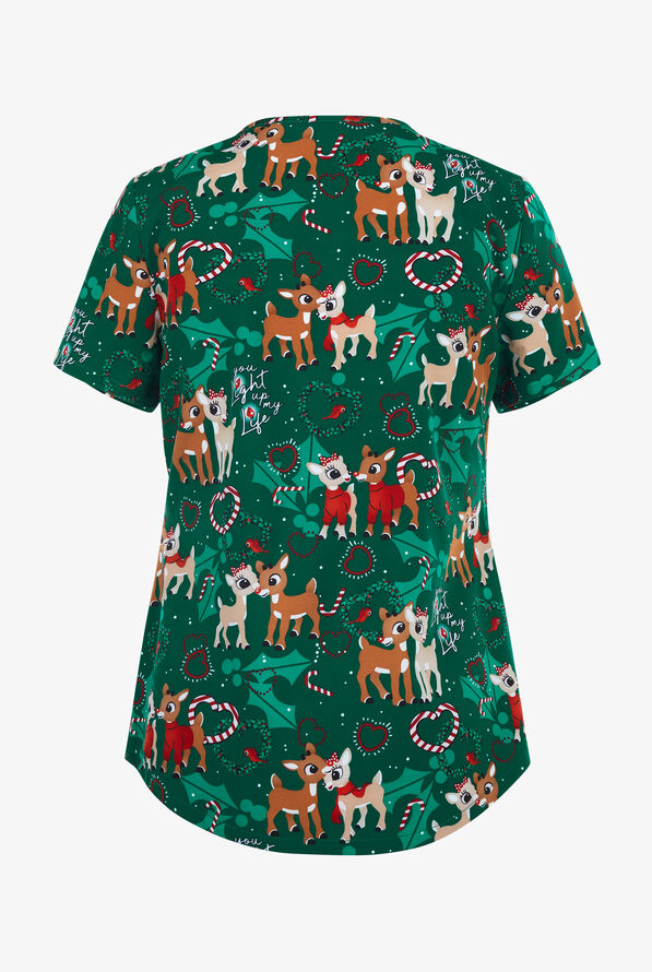 Tooniforms Rudolf You Light Up Women's 2-Pocket STRETCH V-Neck Print Scrub Top - null - 2