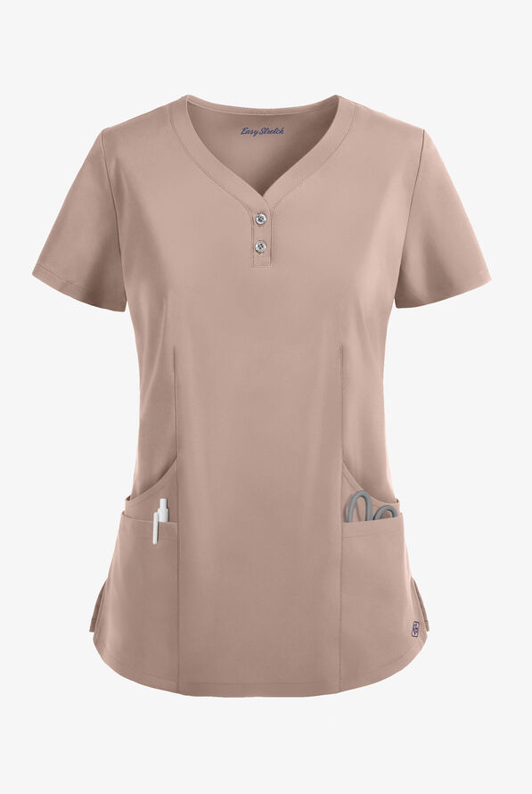 Easy STRETCH Demi Women's 4-Pocket Henley Scrub Top - Mocha Meringue - 1