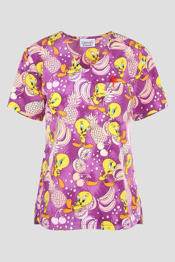 Tooniforms Looney Tunes Tropical Tweety Women's 1-Pocket STRETCH V-Neck Print Scrub Top - null - 1