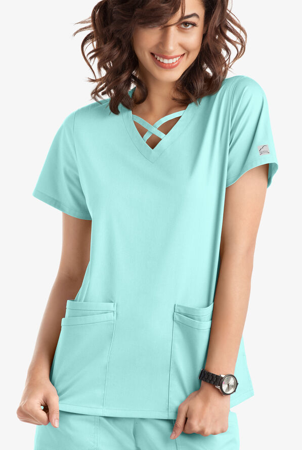 Blusa m&eacute;dica UA Butter-Soft STRETCH con lazos entrecruzados y 4 bolsillos para mujer - Sea Frost - 2