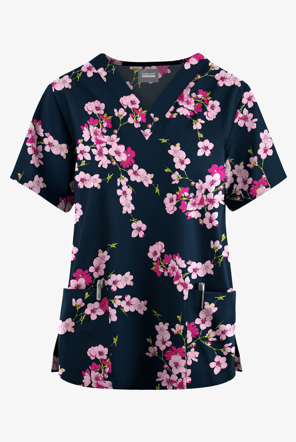 Butter-Soft Originals Sweet Blossoms Navy Women's 2-Pocket V-Neck Print Scrub Top - null - 1