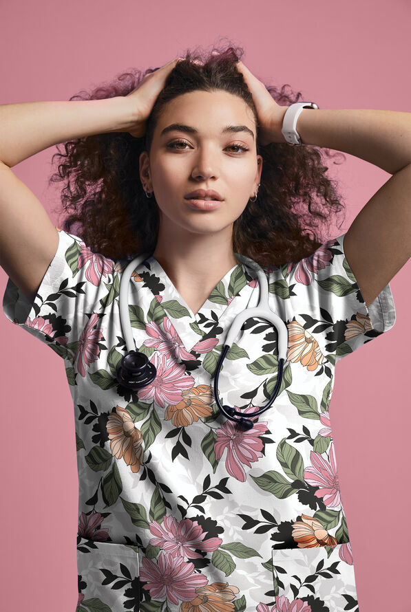 Butter-Soft Originals Floral Fantasy Cosmo Pink Women's 2-Pocket V-Neck Print Scrub Top - null - 3