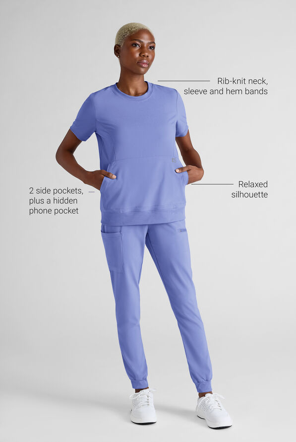 Blusa m&eacute;dica Easy STRETCH con cuello redondo y 2 bolsillos para mujer - Ceil Blue - 3