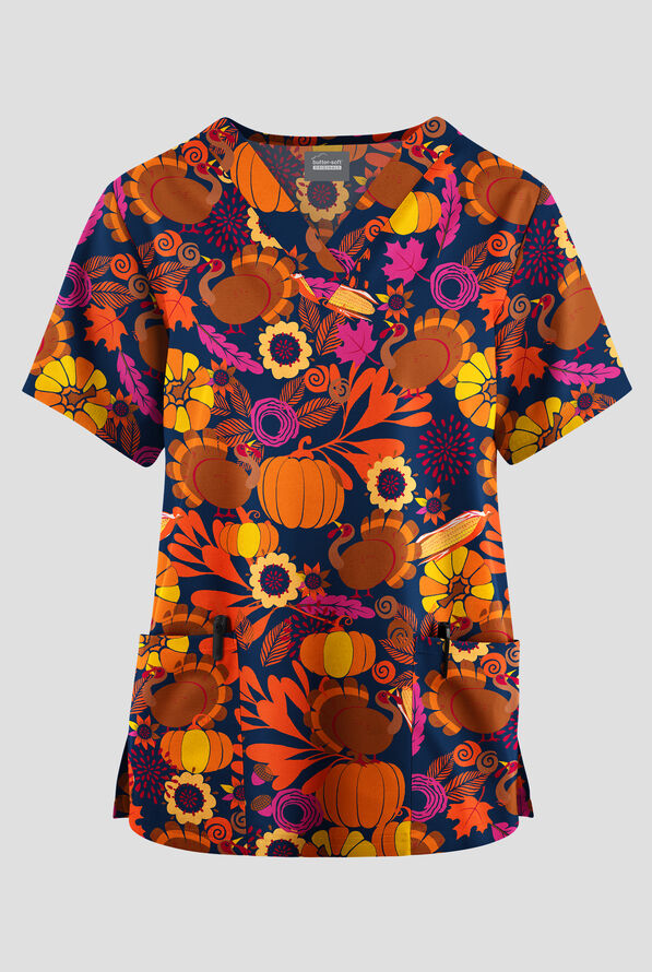 Butter-Soft Originals Forest Thanksgiving Navy Women's 2-Pocket V-Neck Print Scrub Top - null - 1
