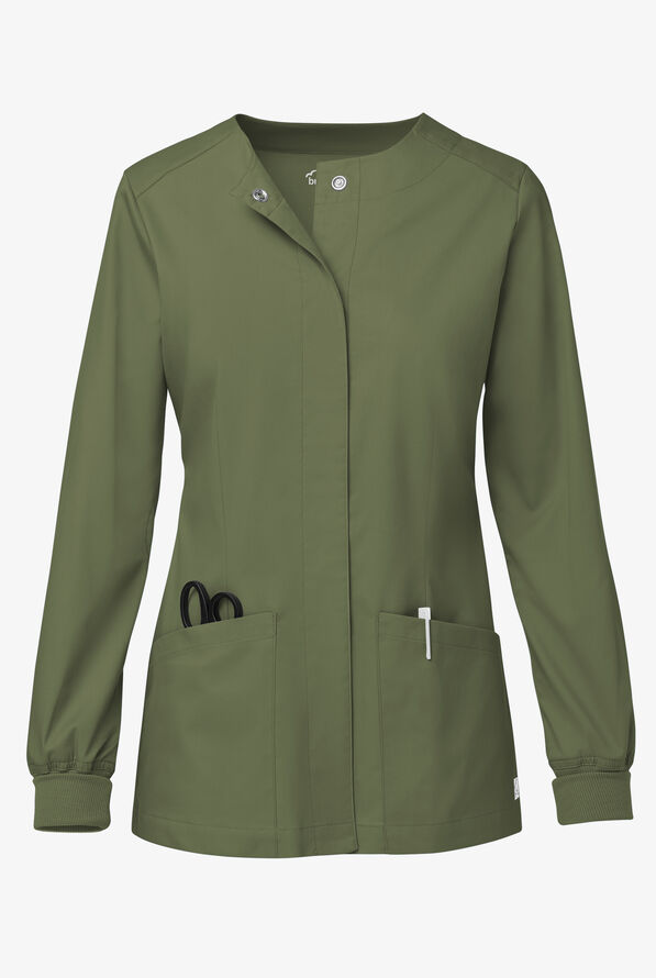 Butter-Soft STRETCH Women's 2-Pocket Long Sleeve Snap Front Scrub Jacket - Light Olive - 1
