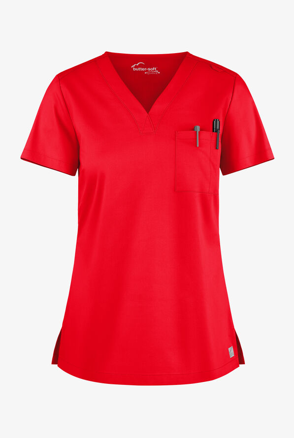 Blusa m&eacute;dica Butter-Soft STRETCH con cuello en V y 2 bolsillos para mujer - Fiery Red - 1