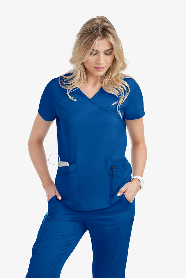 Lauderdale by UA Solar Women's 4-Pocket V-Neck Mock Wrap STRETCH Scrub Top - Royal - 2