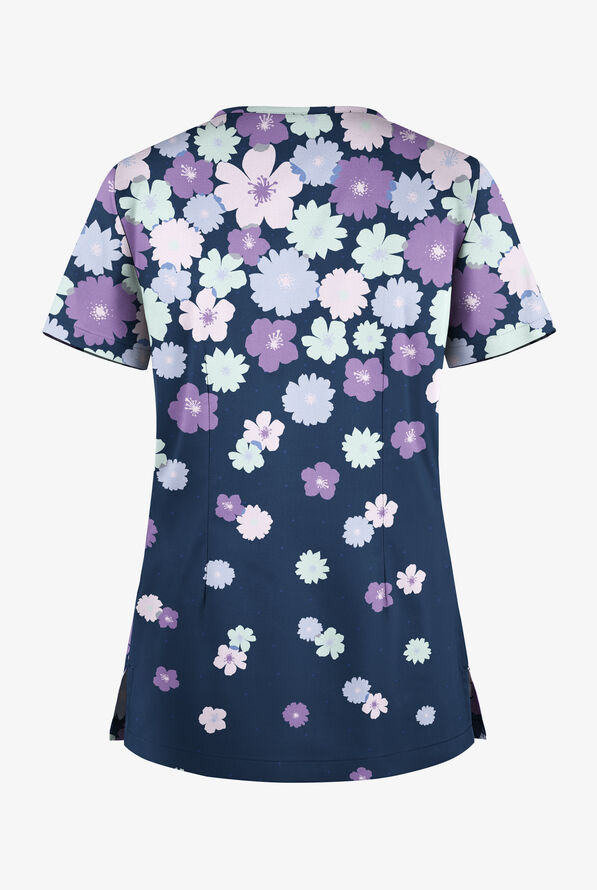 Butter-Soft STRETCH Floating Flowers Navy Women's 1-Pocket Tuck-In V-Neck Print Scrub Top - null - 2