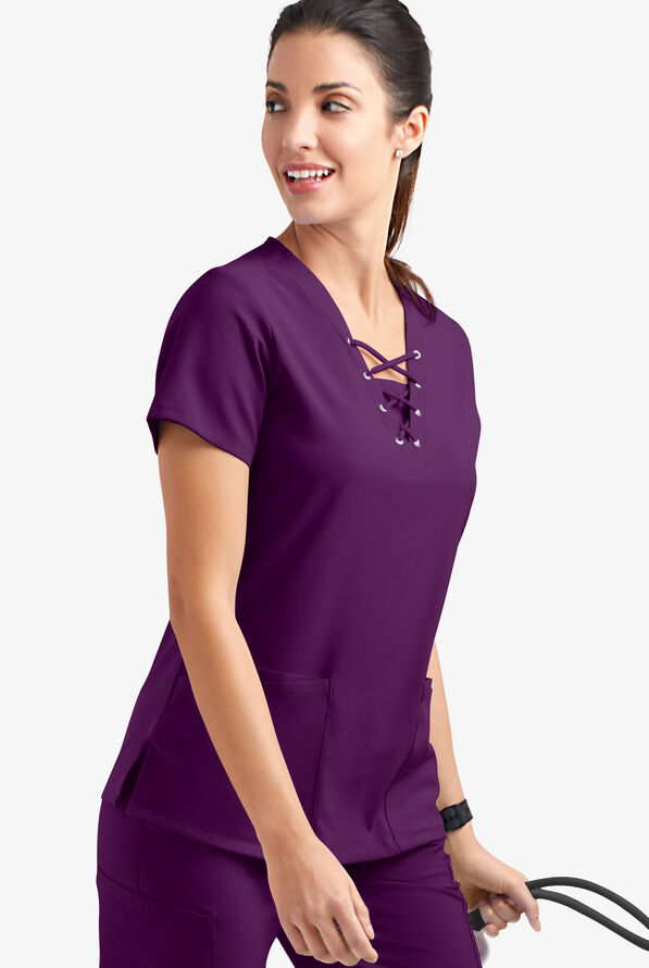 Easy STRETCH Gisele Women's 4-Pocket Lace Up V-Neck Scrub Top - Eggplant - 3