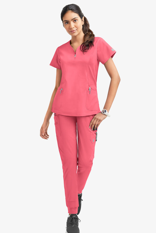 Butter-Soft STRETCH Women's 4-Pocket Curved Neck Zipper Scrub Top - Rouge Rose - 2