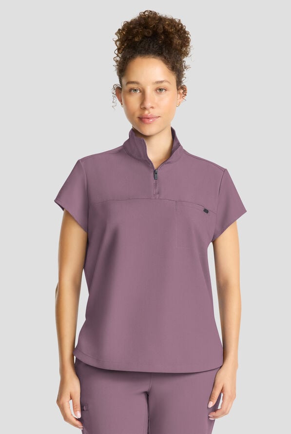 Healing Hands Quest Women's 1-Pocket STRETCH Tuck In Half Zip Collar Scrub Top - Elderberry - 2