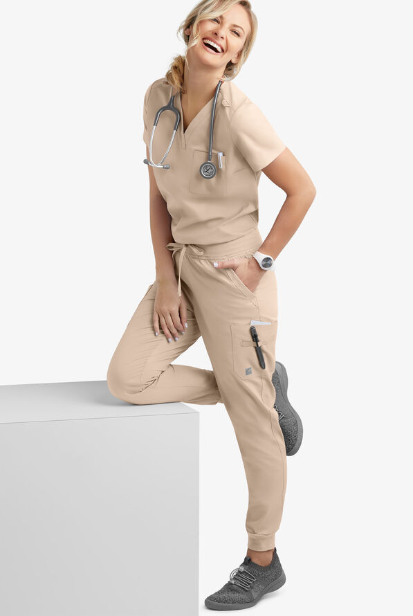 Butter-Soft STRETCH Women's 2-Pocket V-Neck Tuck-In Scrub Top - Iced Latte - 2